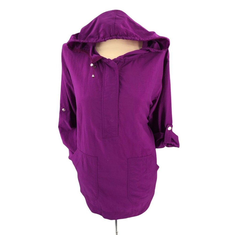 JMS Womens Blouse Plus 2X 18W Purple Windbreaker Hoodie Snap Button Long Sleeve